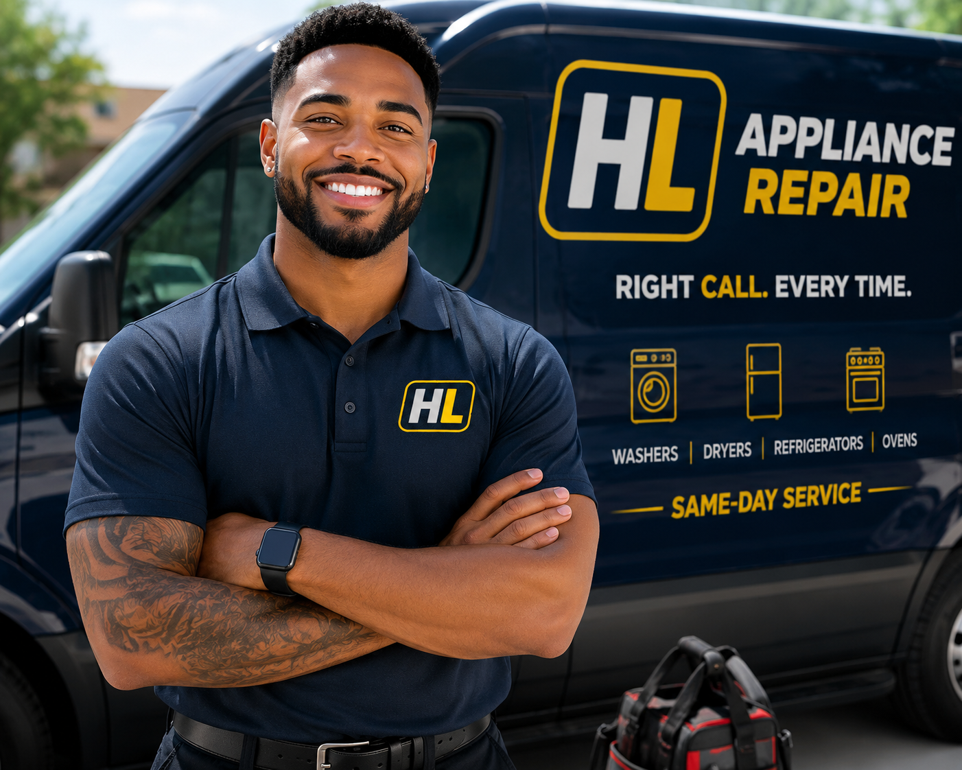 High Level Appliance Service technician in front of branded van